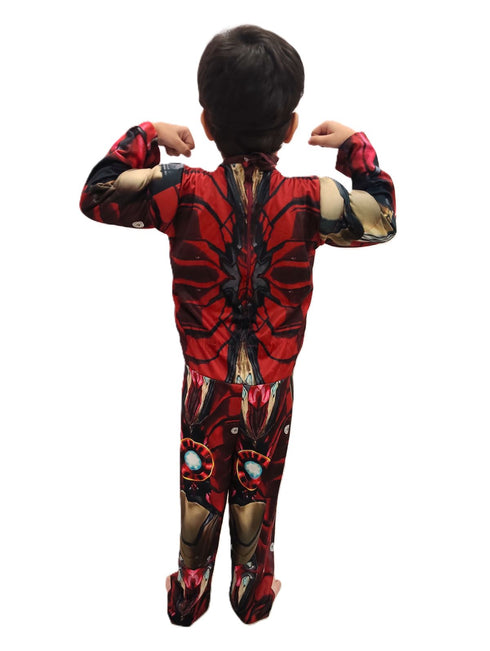 BookMyCostume 2 Pc Red and Yellow Muscle-Look Superhero Costume with Padded Chest, Arms & Plastic Face Mask | Sublimation Printed Fancy Dress Outfit | Birthday Party Prop